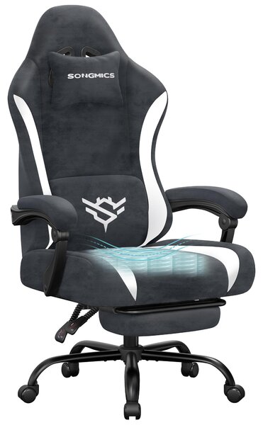 Sedia da gaming SONGMICS, sedia da ufficio ergonomica in poliestere, con poggiapiedi e cuscino lombare, inclinazione di 135°, 70 x 70 x (120-130) cm