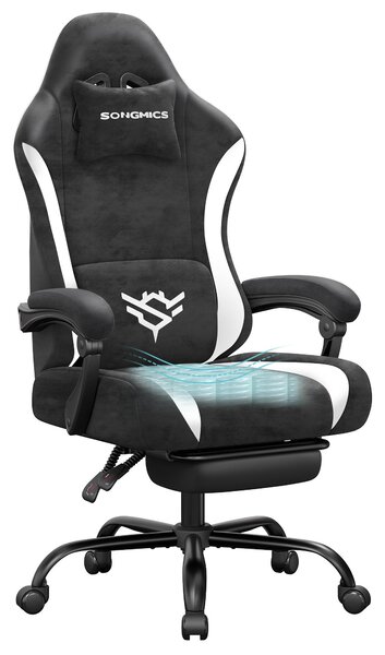 Sedia da gaming SONGMICS, sedia da ufficio ergonomica in poliestere, con poggiapiedi e cuscino lombare, inclinazione di 135°, 70 x 70 x (120-130) cm, nero e bianco