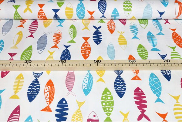 Tessuto tovagliato cotone al metro - pesce colorato, alt. 140 cm