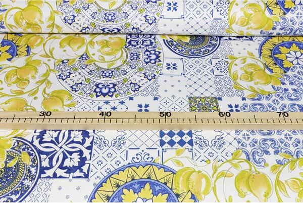 Tessuto cotone tovagliato al metro Limoni maiolica, alt. 140 cm