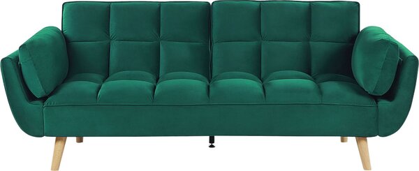 BELIANI Divano letto verde rivestito in velluto 3 posti gambe in legno imbottitura in schiuma schienale diviso trapuntato soggiorno