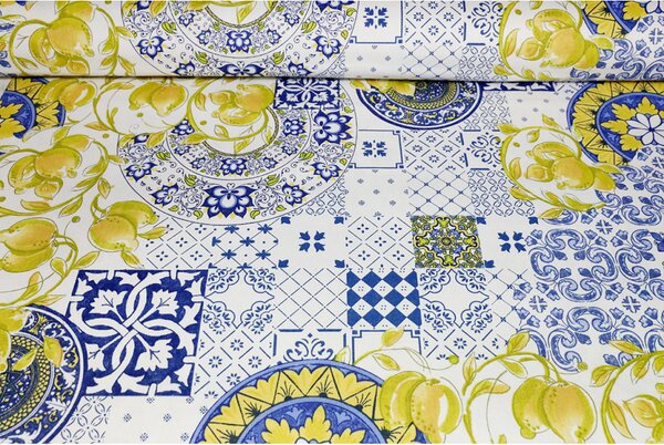 Tessuto cotone tovagliato al metro Limoni maiolica, alt. 140 cm