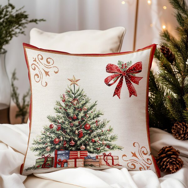 Federa natalizia in tessuto arazzo con lurex - Albero e Babbo Natale