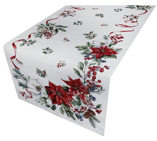Runner da tavola natalizio in tessuto arazzo con lurex - Fiori e ramoscelli natalizi