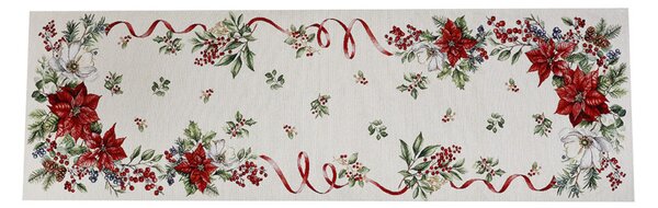 Runner da tavola natalizio in tessuto arazzo con lurex - Fiori e ramoscelli natalizi