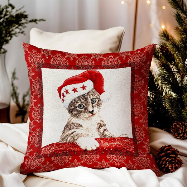 Federa natalizia in tessuto arazzo con lurex - gatto con cappello da Babbo Natale