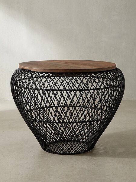 Tavolino rotondo con vano contenitore: struttura in legno e metallo, vano contenitore interno, legno massello di mango riciclato. Nero, 60x60x45 cm | Kadima Design