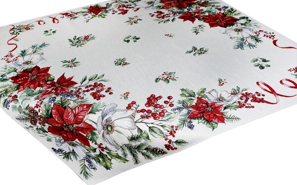 Tovaglia natalizia con arazzo e lurex - Fiori e rametti natalizi