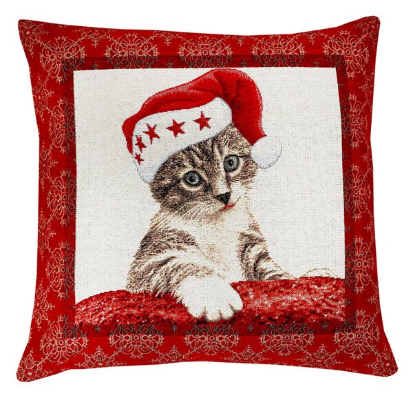 Federa natalizia in tessuto arazzo con lurex - gatto con cappello da Babbo Natale