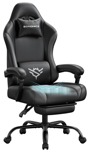 Sedia da gaming SONGMICS, sedia da ufficio ergonomica in Finto cuoio, con poggiapiedi e cuscino lombare, inclinazione di 135°, 70 x 70 x 120-130 cm, nera