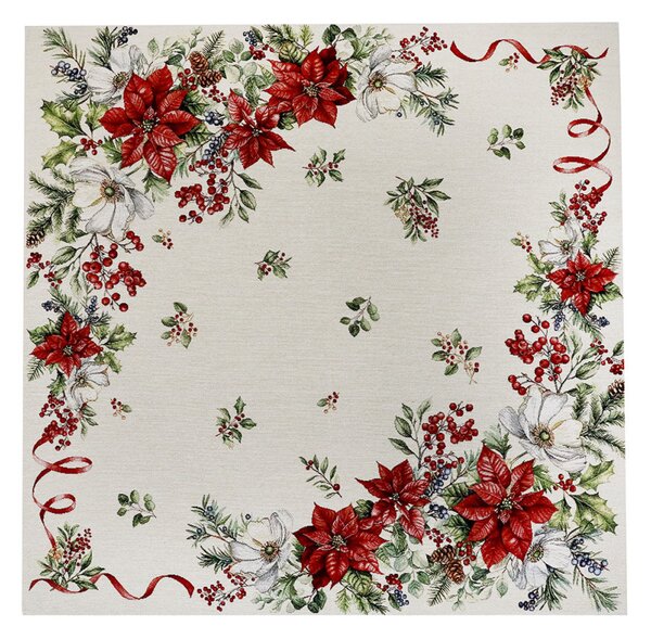 Tovaglia natalizia con arazzo e lurex - Fiori e rametti natalizi