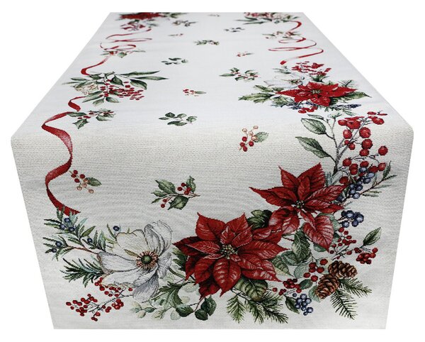 Runner da tavola natalizio in tessuto arazzo con lurex - Fiori e ramoscelli natalizi