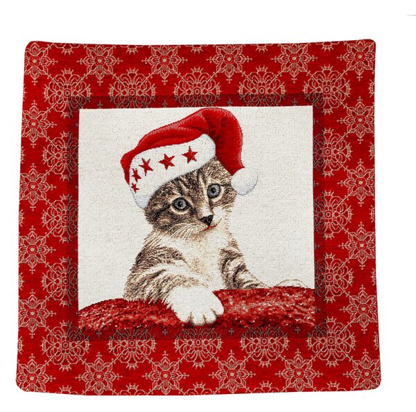 Federa natalizia in tessuto arazzo con lurex - gatto con cappello da Babbo Natale