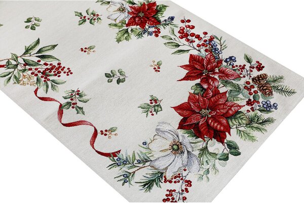 Runner da tavola natalizio in tessuto arazzo con lurex - Fiori e ramoscelli natalizi