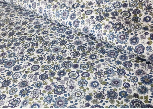 Tessuto di cotone Flanella fiori blu, h. 145 cm