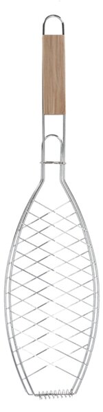 Esschert Design porta pesce da barbecue 58 cm in acciaio inox e legno di frassino