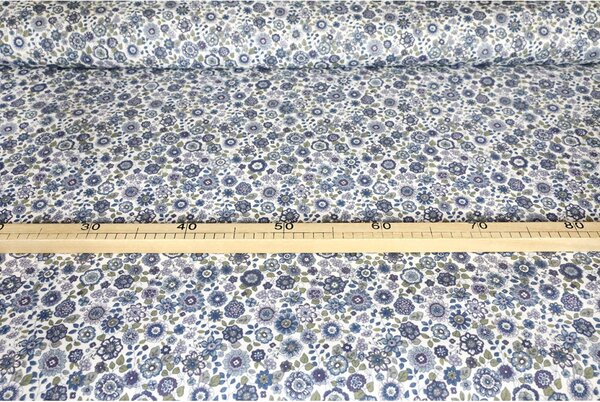 Tessuto di cotone Flanella fiori blu, h. 145 cm