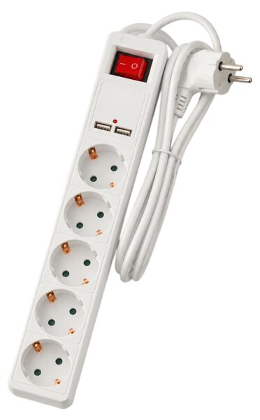 ARCAS, ciabatta multipresa a 5 prese, con 2 porte USB, interruttore, colore bianco