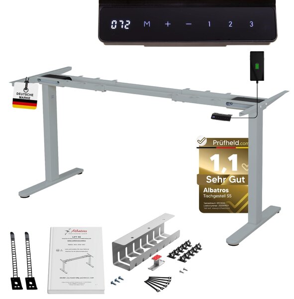 Telaio per scrivania ALBATROS Lift S5S + canalina, argento, 2X motori, regolabile elettricamente in altezza con funzione di memoria, protezione anticollisione e soft start/stop