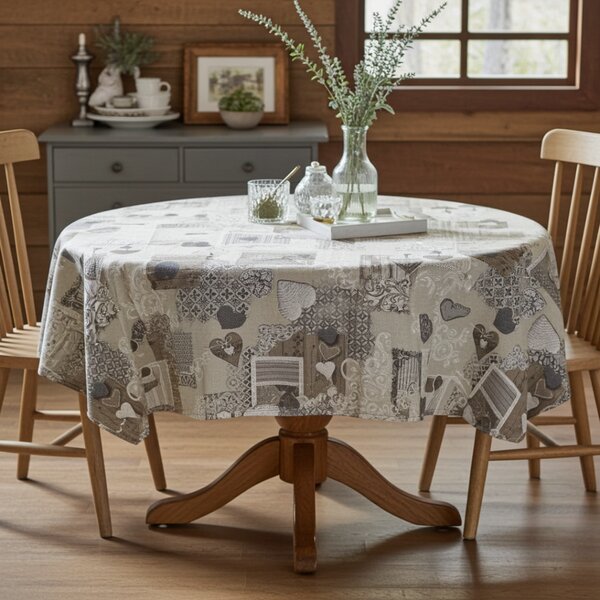 Tovaglia rotonda patchwork cuori taupe