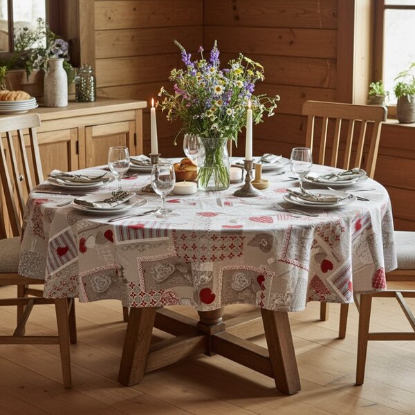 Tovaglia rotonda patchwork cuori rossi