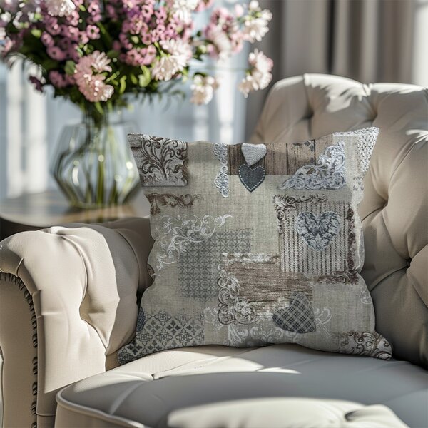 Federa cuscino patchwork cuori taupe