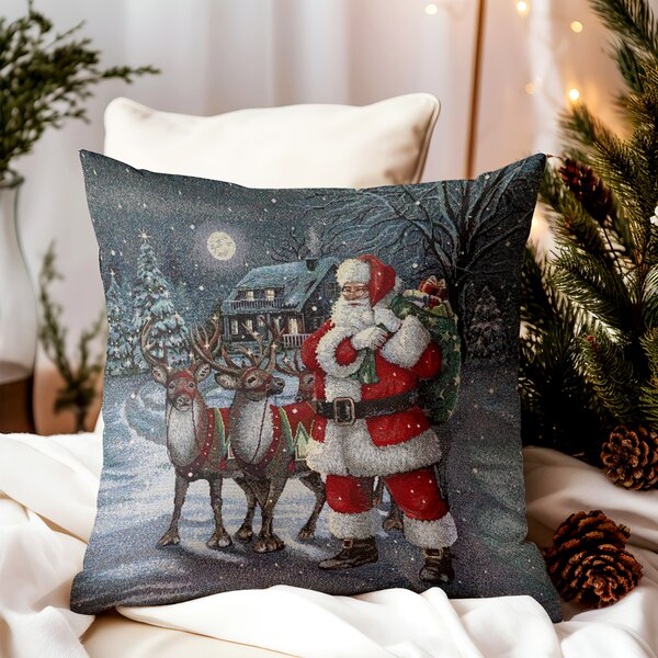 Federa cuscino gobelin natalizio con lurex - Babbo Natale con cervo