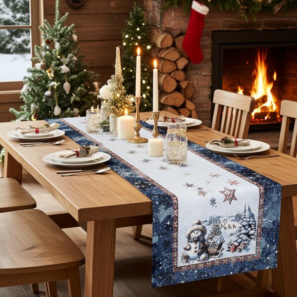 Runner da tavolo di lusso con arazzo natalizio con lurex - Magico Babbo Natale e fiocchi di neve