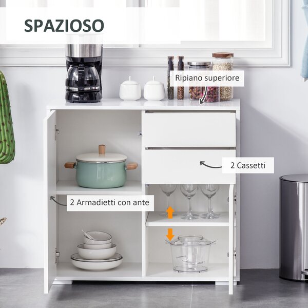 HOMCOM Credenza Moderna con 2 Armadietti e 2 Cassetti con Apertura a Pressione, 79x36x74cm, Bianco Lucido