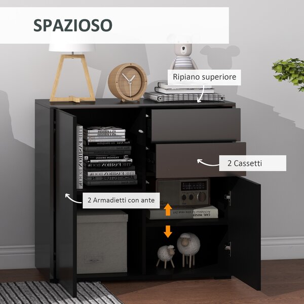 HOMCOM Credenza Moderna con 2 Armadietti e 2 Cassetti con Apertura a Pressione, 79x36x74cm, Nero Lucido|Aosom