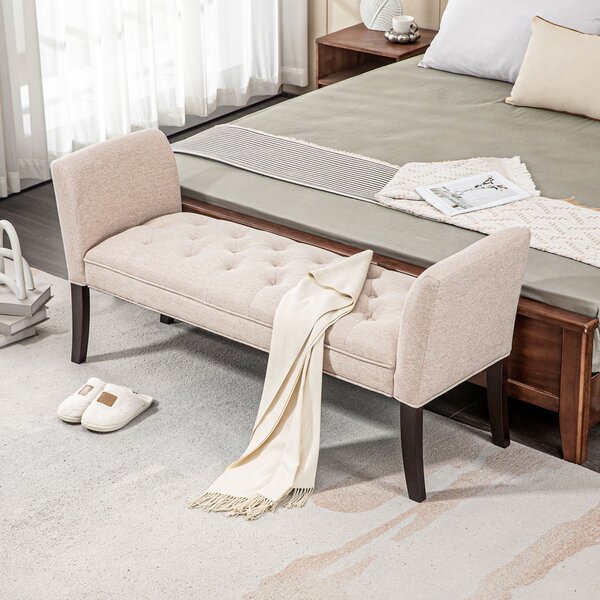 HOMCOM Panca Fondo Letto Imbottita e a Bottoni, in Tessuto Effetto Lino e Legno, 141x44x65 cm, Beige|Aosom