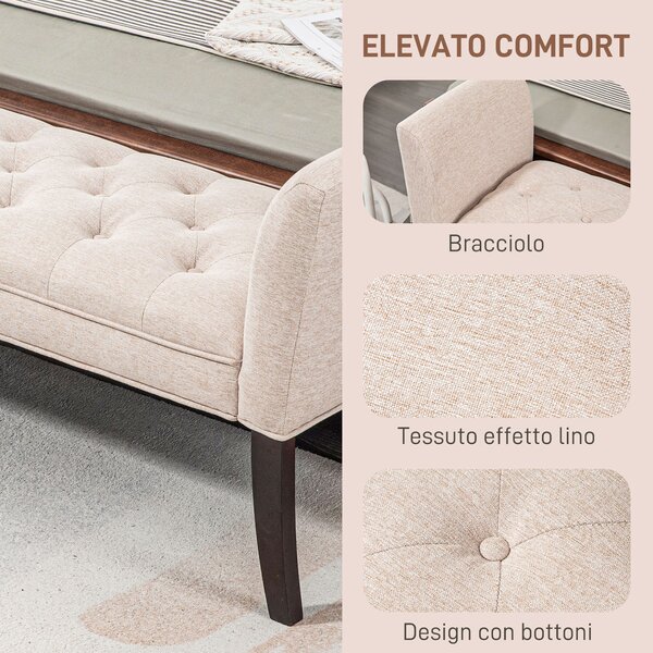 HOMCOM Panca Fondo Letto Imbottita e a Bottoni, in Tessuto Effetto Lino e Legno, 141x44x65 cm, Beige|Aosom