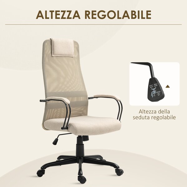 HOMCOM Sedia da Ufficio Ergonomica Girevole con Reclinazione, Altezza Regolabile e Ruote, 58x61x115-125cm, Beige