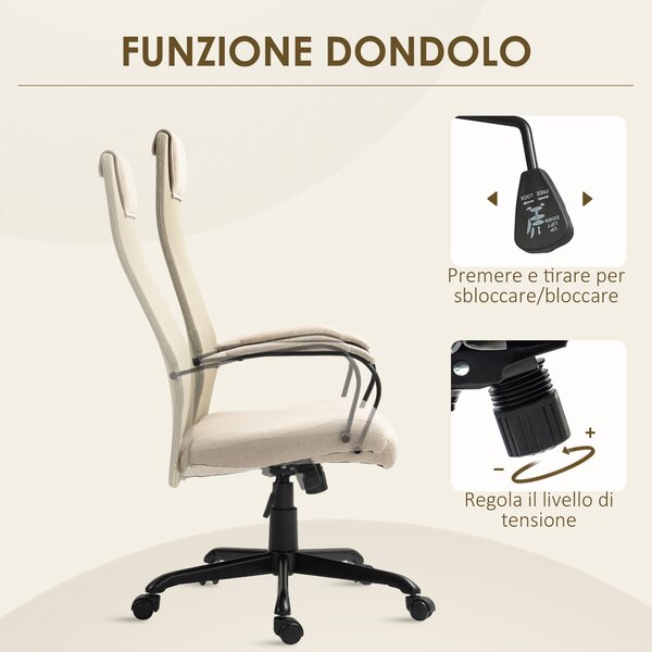 HOMCOM Sedia da Ufficio Ergonomica Girevole con Reclinazione, Altezza Regolabile e Ruote, 58x61x115-125cm, Beige