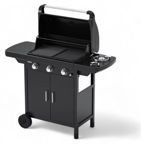Barbecue a gas 3 fuochi in acciaio con ruote fornello laterale e griglia in ghisa smaltata Compact EXS