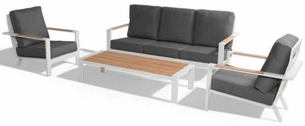 Salotto da giardino in alluminio bianco 2 poltrone 1 tavolino e 1 divano con cuscini Croba