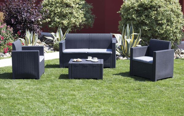 Salotto da esterno giardino 4 posti in resina e wicker con tavolino e cuscini Creta - Black