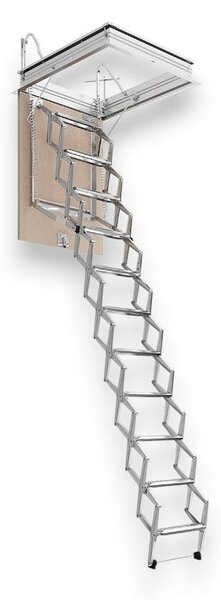 Scala a pantografo retrattile in acciaio con botola in legno 11 gradini H300 cm -