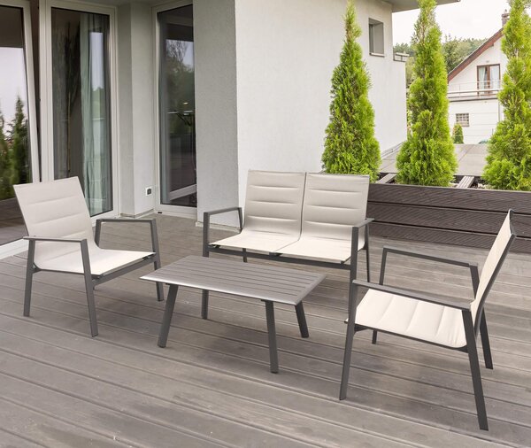 Salotto da esterno giardino 4 posti con struttura in acciaio e textilene con tavolino effetto doghe Kentucky - DarkGrey