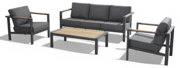 Salotto da giardino in alluminio antracite 2 poltrone 1 tavolino e 1 divano con cuscini Croba