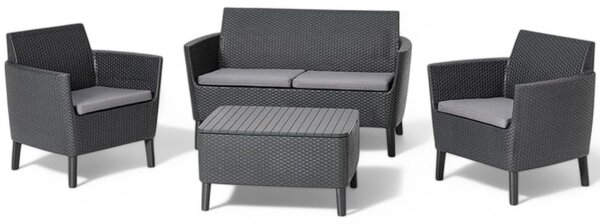 Salotto per esterno in resina effetto rattan 2 poltrone 1 divano biposto e 1 tavolino contenitore Salemo Lounge