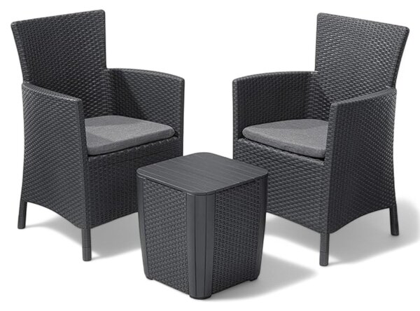 Salotto per esterno in resina effetto rattan 2 poltrone e 1 tavolino con cuscini Iowa Balcony