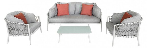 Salotto da giardino struttura in alluminio rivestita in corda pvc con cuscini - Bianco