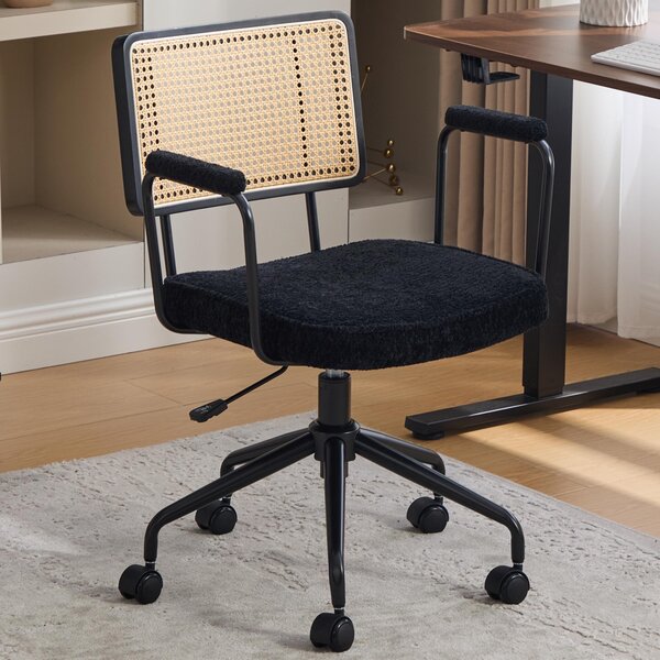 Sedia da ufficio vintage, girevole a 360°, con schienale in rattan, seduta e braccioli in ecopelle