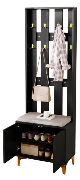 Armadio 3 in 1 con spazio per scarpe, 8 ganci doppi per cappotti, panca imbottita rivestita in lino, design rialzato con piedi in metallo dorato, colore nero