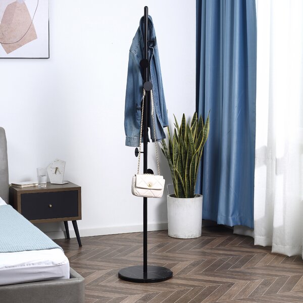 HOMCOM Appendiabiti da Terra con 8 Ganci, Attaccapanni per Ingresso e Camera da Letto in Acciaio con Base in Marmo, 35x35x170cm, Nero|Aosom