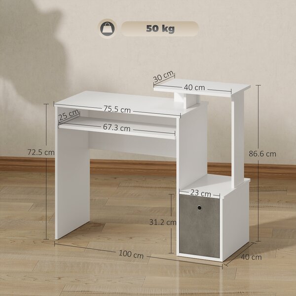 HOMCOM Scrivania Moderna per PC con Mensola Porta Tastiera, Ripiano e Cassetto in Tessuto, in Legno, 100x40x86.6cm, Bianco|Aosom