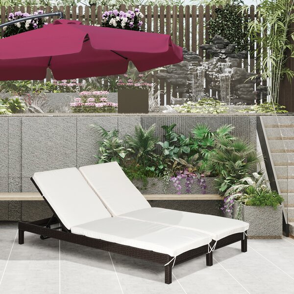 Outsunny Lettino Prendisole a 2 Posti, Sdraio in Acciaio e Rattan, Schienale Regolabile, 195 x 120 x 28cm Marrone e Bianco Crema|Aosom