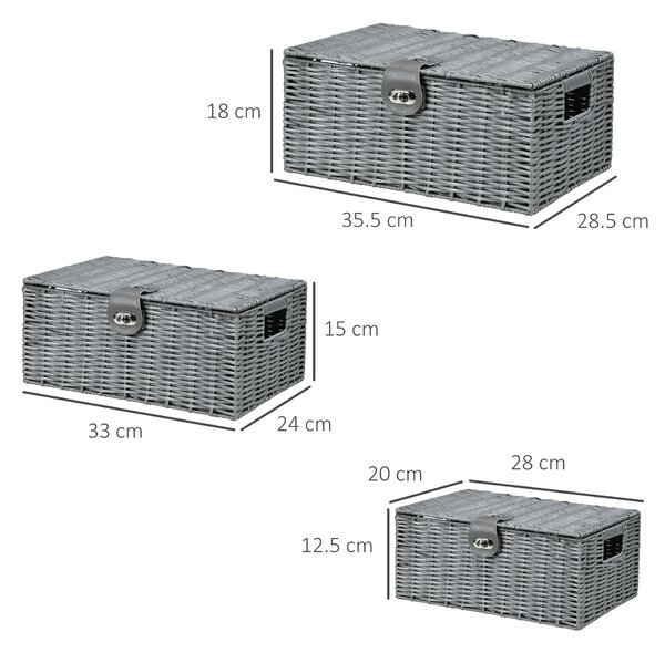 HOMCOM Set 3 Cesti Vimini PP con Coperchio, Diverse Dimensioni, Grigio, Soluzione Versatile per Ordine|Aosom
