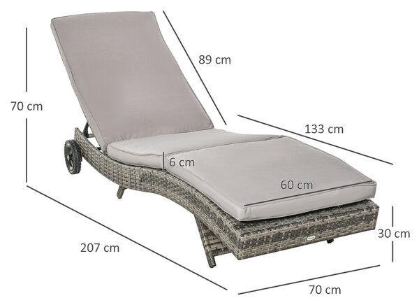 Outsunny Sdraio da Giardino in Rattan PE con Schienale Regolabile e Cuscino, 207x70x70cm, Grigio|Aosom